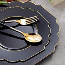 60pcs Black Plastic Plates,Black And Gold Plates Baroque,Gold Plates Plastic,Include 30 Plastic Dinner Plates,30 Appetizer Plates,Suit For Party, Birthday, Wedding, Easter And Monther's Day - Black - View 3