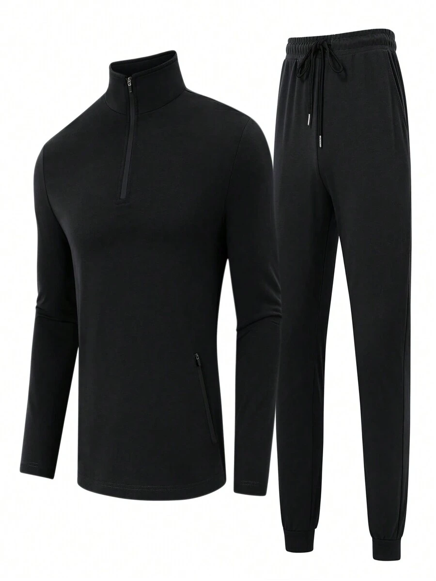 Men's Tracksuit Set 2 Piece Quarter Zip Casual Golf Jogging Suit Athletic Sports Sweatsuits Set - Black - View 1