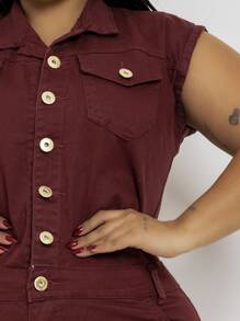 Plus Size Denim Overalls - Màu Đỏ Sâu - Xem 5