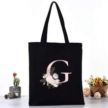 Borsa per la spesa estiva a grande capacità stampata con motivi di lettere, borsa tote casual stampata, zaino alla moda riutilizzabile, borsa multifunzionale, borsa per la spesa in tessuto di tela, borsa tote a stampa di lettere per donne, borsa a tracolla in tela, borsa per la spesa a grande capacità, borsa in tela a motivo semplice e alla moda, borsa per la spesa portatile, borsa a tracolla leggera e multifunzionale