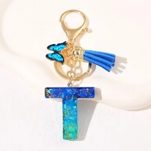1pc Blauw Informeel Dames Schattig Kwastje Vlinderhanger Sleutelhanger Gradiënt Pailletten Letter Sleutelhangerhanger met glitter, Eerste detail - Geschikt als cadeau voor vrienden