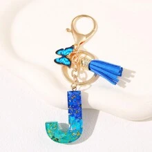 1pc Blauw Informeel Dames Schattig Kwastje Vlinderhanger Sleutelhanger Gradiënt Pailletten Letter Sleutelhangerhanger met glitter, Eerste detail - Geschikt als cadeau voor vrienden