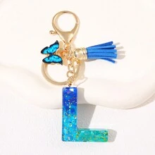 1pc Blauw Informeel Dames Schattig Kwastje Vlinderhanger Sleutelhanger Gradiënt Pailletten Letter Sleutelhangerhanger met glitter, Eerste detail - Geschikt als cadeau voor vrienden
