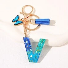 1pc Blauw Informeel Dames Schattig Kwastje Vlinderhanger Sleutelhanger Gradiënt Pailletten Letter Sleutelhangerhanger met glitter, Eerste detail - Geschikt als cadeau voor vrienden