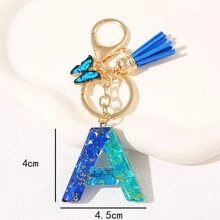 1pc Blauw Informeel Dames Schattig Kwastje Vlinderhanger Sleutelhanger Gradiënt Pailletten Letter Sleutelhangerhanger met glitter, Eerste detail - Geschikt als cadeau voor vrienden