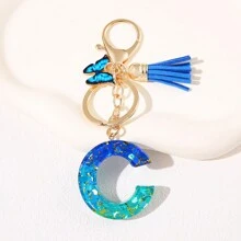 1pc Blauw Informeel Dames Schattig Kwastje Vlinderhanger Sleutelhanger Gradiënt Pailletten Letter Sleutelhangerhanger met glitter, Eerste detail - Geschikt als cadeau voor vrienden