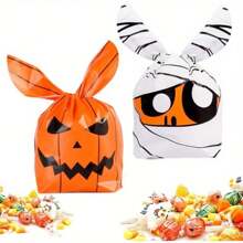 50pcs-Halloween Candy Bags - Set Of 50 Plastic Bunny Ear Snack Bags For Trick Or Treat, Halloween Party Decorations And Favors - Cute Cookie Gift Bags With Pumpkin And Mummy Designs - Multicolor - View 2