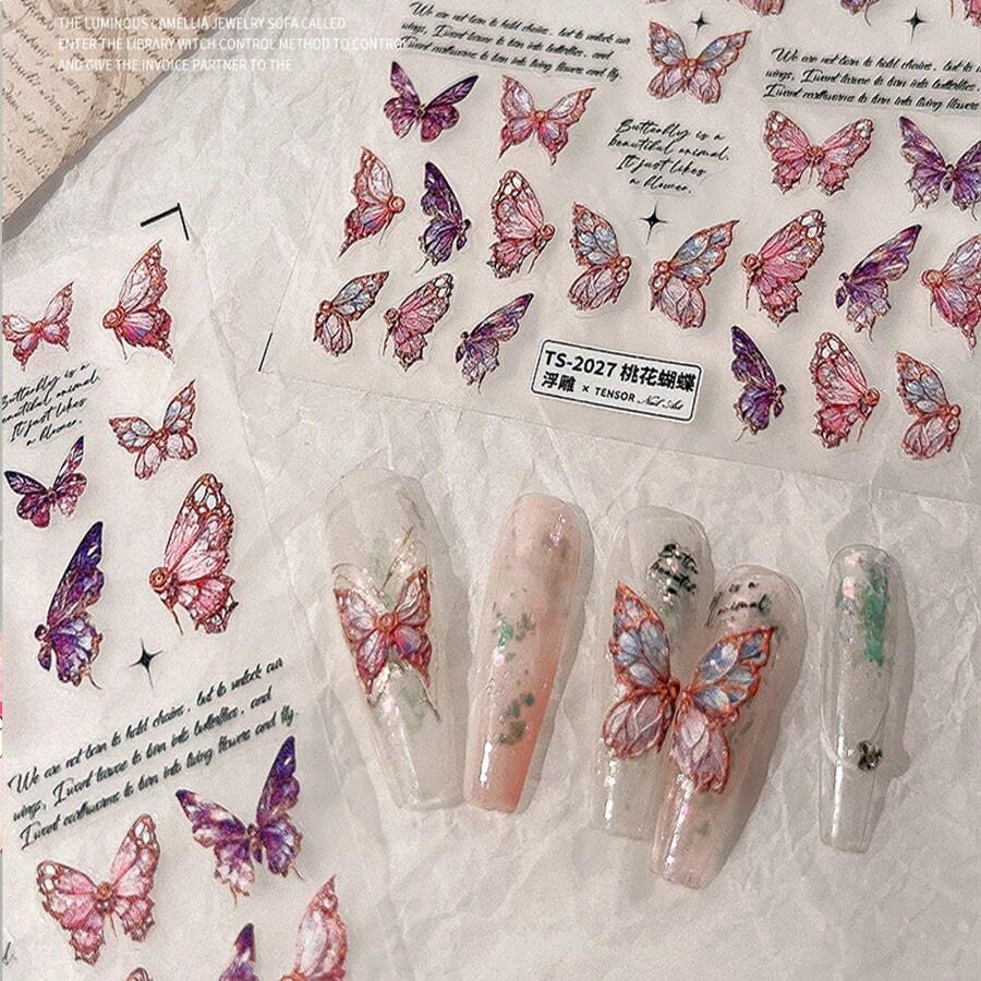 蝴蝶3D美甲貼紙，帶有桃花蝴蝶設計的美甲裝飾 - 彩色 - 查看 1
