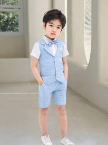 Young Boy New Summer Children's Performance Formal Suit, Wedding/Ring Bearer Outfit, 3pcs Set VestandShortsandNecktie