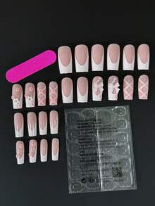 24 件/套中长法式 3D 仿珍珠蝴蝶结芭蕾风格可拆卸全覆盖假指甲片适合女孩/女士的日常生活。派对。旅行和其他装饰用途 + 1 件果冻凝胶 + 1 件指甲锉。 - 彩色 - 查看 5