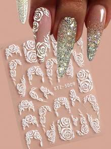 2片装白色玫瑰花美甲浮雕贴纸，优雅玫瑰婚礼设计亚克力雕刻贴花，美甲装饰用品 - 白色 - 查看 3