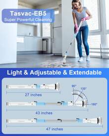 Máy chà sàn quay điện TASVAC EB5, Bàn chải tắm không dây 450RPM với 5 đầu làm sạch có thể thay thế và tay cầm mở rộng có thể điều chỉnh, Máy chà sàn phòng tắm công suất 1,5H cho bồn tắm, vữa, gạch, sàn, tường, bồn rửa - trắng - Xem 6