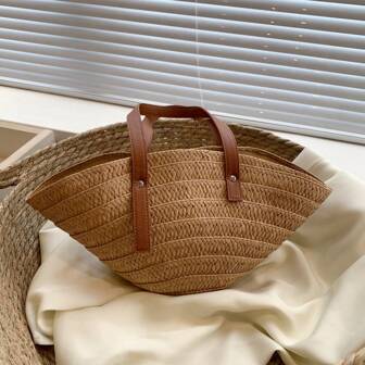 多功能簡約女用手提袋，購物、度假、編織海灘旅行袋