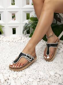 Nuevas sandalias de mujer de verano con plataforma gruesa de corcho negro, cómodas sandalias casuales de punta abierta y deslizantes para la playa - Negro - Ver 3