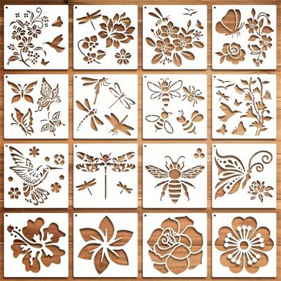 16 Peças de Stencil de Flor para Pintura, Molde de Desenho de Abelha, Rosa, Borboleta, Stencil Reutilizável de Pássaro, Abelha, Pintura e Anel Aberto de Metal para Artesanato DIY em Madeira, Parede de Casa, Decoração, Volta às Aulas, Material Escolar