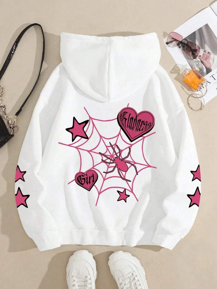 Moletom Canguru de Hip-Hop para mulheres Spider Girl Pink Star Aesthetic - Branco - Visão 1