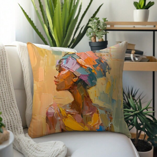 1pc African Style Printed Cushion Cover, Faux Oil Painting Design, Made Of Peach Skin Material, 45*45CM/18*18inch, Suitable For Modern Simple Sofa/Living Room Decoration Or Gift Giving