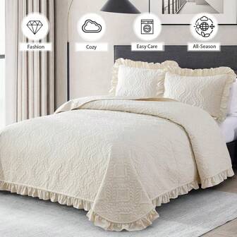 3 Pieces Machine Washable Quilt Bedding Sets, Beige/Sage Green/Olive Green  Ruffled Lightweight Soft Bedspreads Queen King Size Coverlet, Basket Weave Quilted Blanket Thin Quilt Bed Cover For All Season,