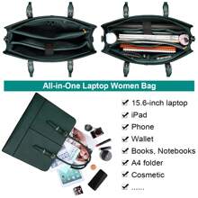 Laptop Bag For Women Leather Work Tote 15.6 Inch Laptop For Computer Bag Waterproof Business Office Professional Large Capacity Handbag Shoulder Bag - Màu xanh lá cây đậm - Xem 3