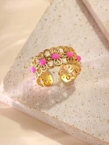 1pc Colorful Stainless Steel Gold Yellow Ring Oil Drop Opening Adjustable Women's Decorative Ring, Suitable For Gifting Or Daily Wear