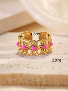 1pc Colorful Stainless Steel Gold Yellow Ring Oil Drop Opening Adjustable Women's Decorative Ring, Suitable For Gifting Or Daily Wear