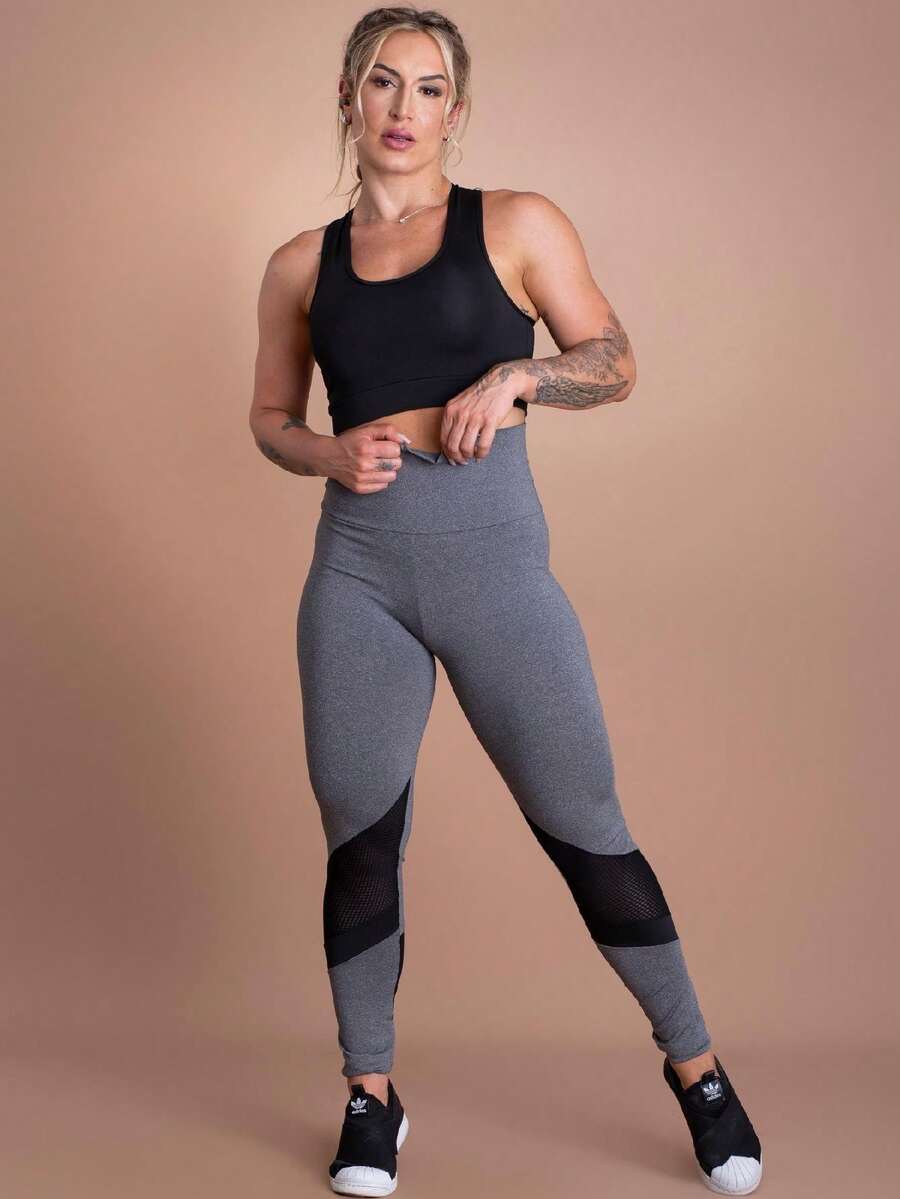 Women's Fitness Set High Waist Leggings And Plain Basic Swim Top GJR Modas Gym - Xám - Xem 1