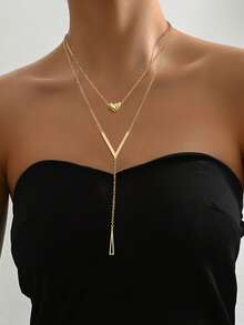 1 Peça Colar Pendente Duplo Minimalista Fashion com coração, flecha e formas geométricas para uso diário das mulheres. - colar multicamadas - Visão 7