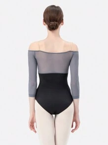 DonsGirl Donsegirl Malla de una sola pieza para mujer con diseño sexy de hombros descubiertos, manga tres cuartos y parches de malla en contraste para ballet, danza, yoga, deporte y actuación