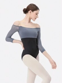 DonsGirl Donsegirl Malla de una sola pieza para mujer con diseño sexy de hombros descubiertos, manga tres cuartos y parches de malla en contraste para ballet, danza, yoga, deporte y actuación