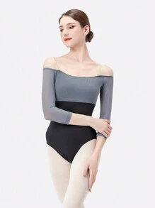 DonsGirl Donsegirl Malla de una sola pieza para mujer con diseño sexy de hombros descubiertos, manga tres cuartos y parches de malla en contraste para ballet, danza, yoga, deporte y actuación