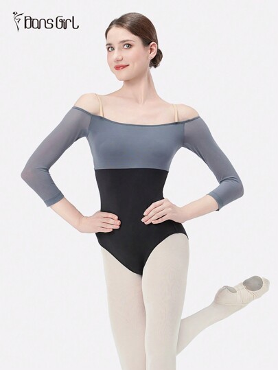 DonsGirl DonsGirl 1 Stück-teiliger Damen Tanz-Gymnastikanzug mit Dreiviertelarm, sexy Schulterausschnitt-Design mit kontrastierendem Mesh-Einsatz, heißer süßer Mädchen Yoga Sport Bodysuit Aufführungsoutfit