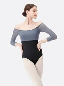 DonsGirl Donsegirl Malla de una sola pieza para mujer con diseño sexy de hombros descubiertos, manga tres cuartos y parches de malla en contraste para ballet, danza, yoga, deporte y actuación