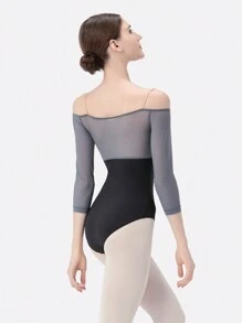 DonsGirl Donsegirl Malla de una sola pieza para mujer con diseño sexy de hombros descubiertos, manga tres cuartos y parches de malla en contraste para ballet, danza, yoga, deporte y actuación