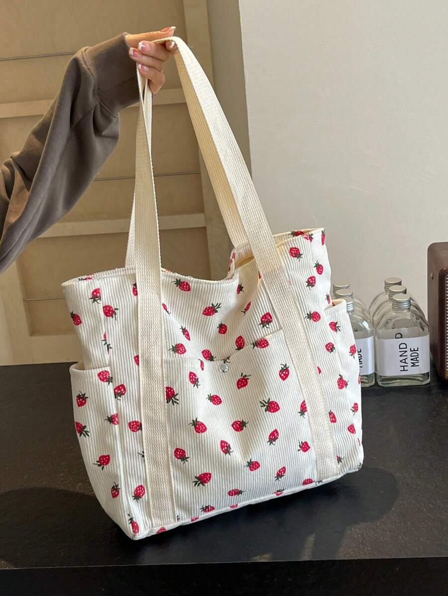Bolso de mano grande de capacidad con estampado de fresa en un estilo casual y sencillo, perfecto para el campus, vacaciones, playa, viajes y hospitales, un bolso de moda y adorable para San Valentín