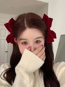 2入組蝴蝶結裝飾髮夾,可愛風格 - 酒紅色 - 查看 2