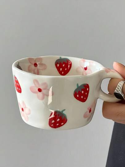 One Small Ceramic Cup With Hand Drawn Strawberry Flower, Unique Handmade Cute Floral Mug, Ideal For Restaurants, Living Rooms, Cafes And Gatherings, Perfect Gift For Coffee Lovers