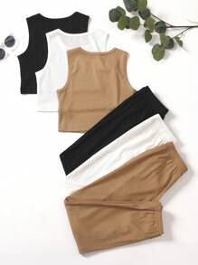 3 Stücke/Set Sommer Freizeitkleidung für Tween Mädchen, bestehend aus Rundhals-Ärmellosem Weste-Shirt und Fuß-Pyjama, lange Hose Outfit Einfarbig