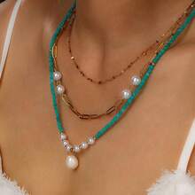 1套個性化時尚多層綠松石和珍珠吊墜項鍊，適合派對穿戴 - 彩色 - 查看 5