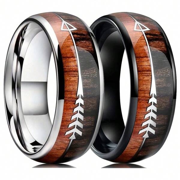 1pc Fashion 8mm Men Stainless Steel Rings Koa Wood Inlaid Arrow Engagement Rings For Men Wedding Band Jewelry Gift For Men