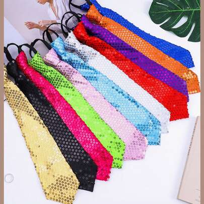 1 件纯色反光亮片可调节免打结休闲时尚领带，适合狂欢节、舞台表演、派对配饰情人节男士领带