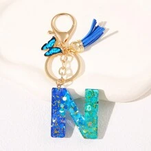 1pc Blauw Informeel Dames Schattig Kwastje Vlinderhanger Sleutelhanger Gradiënt Pailletten Letter Sleutelhangerhanger met glitter, Eerste detail - Geschikt als cadeau voor vrienden