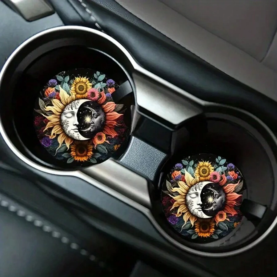 2入組時尚太陽和月亮圖案吸水杯墊，耐用快乾防滑汽車杯墊 - 彩色 - 查看 1