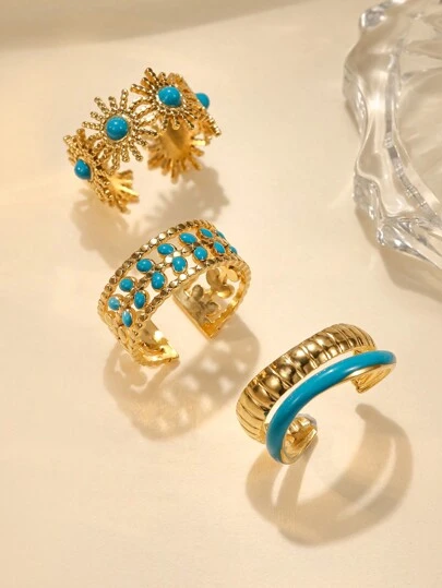 3 Stücke einfache Mode-Edelstahl Blau Öltropfen-Ring Set geeignet für den täglichen Gebrauch oder als Geschenk für Damen