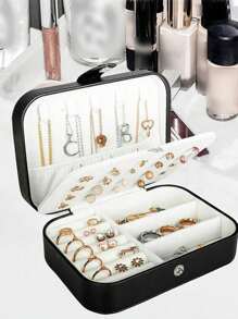 1pc Travel PU Leather Jewelry Box, Multi-Functional Jewelry/Cosmetic Storage Box For Rings, Earrings, Necklaces, Makeup, Jewelry Display Back To School