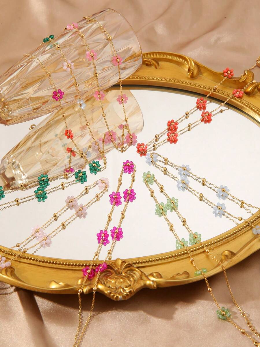 1pc Stainless Steel 18K Plated Multi-Color Flower Necklace, Suitable For Work, Party, Date, Summer Beach Jewelry Valentines - Yellow Gold - View 1