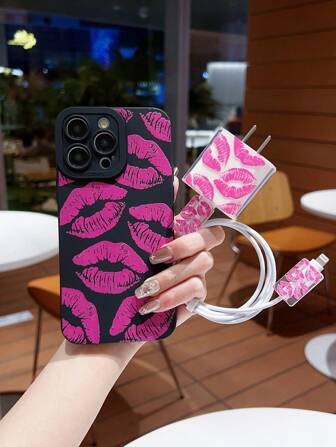 1 个黑色眼睛设计手机壳 + 充电器保护套 + 保护膜，适用于 Apple 手机