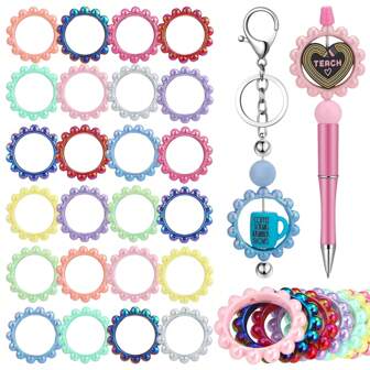 5/10/20pcs Random Colored Acrylic Bead Holders With 42mm/35mm/30mm Circular/Heart-Shaped/Flower Patterned Bead Rings And 2-Hole DIY Focal Bead Holders, Used For Making Jewelry Bracelets, Necklaces, And Craft Pendants