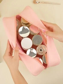 1入組粉色PU皮清晰拉鍊洗漱包，可攜式防水組織收納盥洗用品旅行包，大容量多功能透明PVC化妝袋，適用於浴室攜帶、游泳、健身等，男女適用的熱帶沿海風情沙灘包 - 粉色 - 查看 5