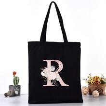 Borsa per la spesa estiva a grande capacità stampata con motivi di lettere, borsa tote casual stampata, zaino alla moda riutilizzabile, borsa multifunzionale, borsa per la spesa in tessuto di tela, borsa tote a stampa di lettere per donne, borsa a tracolla in tela, borsa per la spesa a grande capacità, borsa in tela a motivo semplice e alla moda, borsa per la spesa portatile, borsa a tracolla leggera e multifunzionale