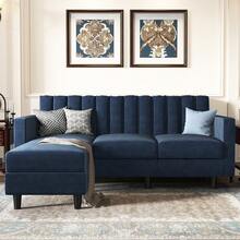 HONBAY Convertible L Shaped Sofa Velvet Sectional Couch With Reversible Chaise, L Shaped Couch With Ottoman For Small Living Room - 深藍 - 查看 1